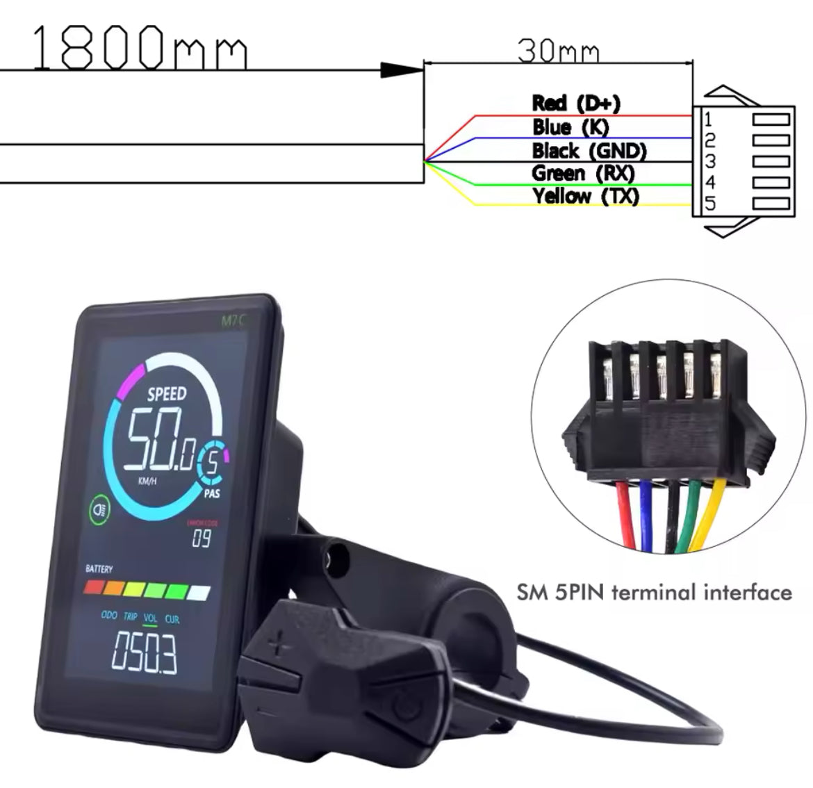 24V-60V M7C-2 E-Bike Lcd Kleurrijke Display Meter Sm/Waterdichte Aansluiting Stekker Elektrische Fiets Display Met Usb Uart